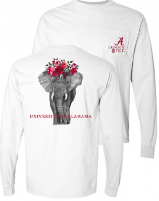Alabama Crimson Tide T-Shirt - Ladies - University of Alabama - Flowers - Pocket - Comfort Colors - Long Sleeve - White