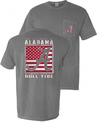 Alabama Crimson Tide T-Shirt - University of Alabama Roll Tide - USA Flag - Pocket - Comfort Colors - Grey